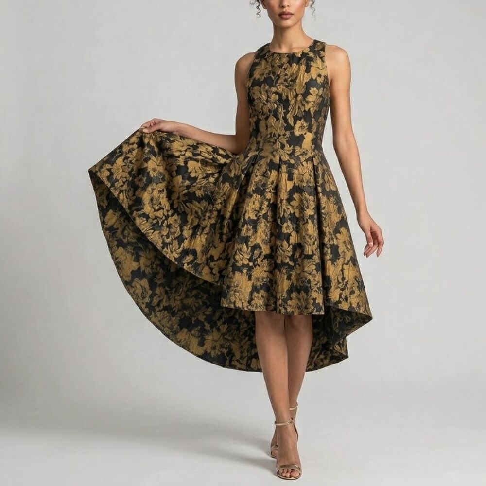 Chicwish Black Gold Floral Jacquard High Low Dress XS Metallic Pleated Brocade